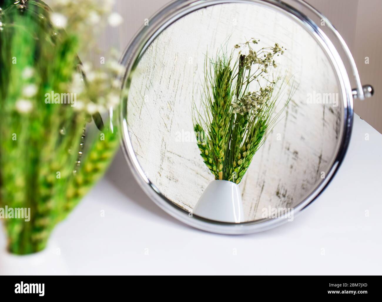 reflejo espejo de un montón de orejas verdes en jarrón Foto de stock