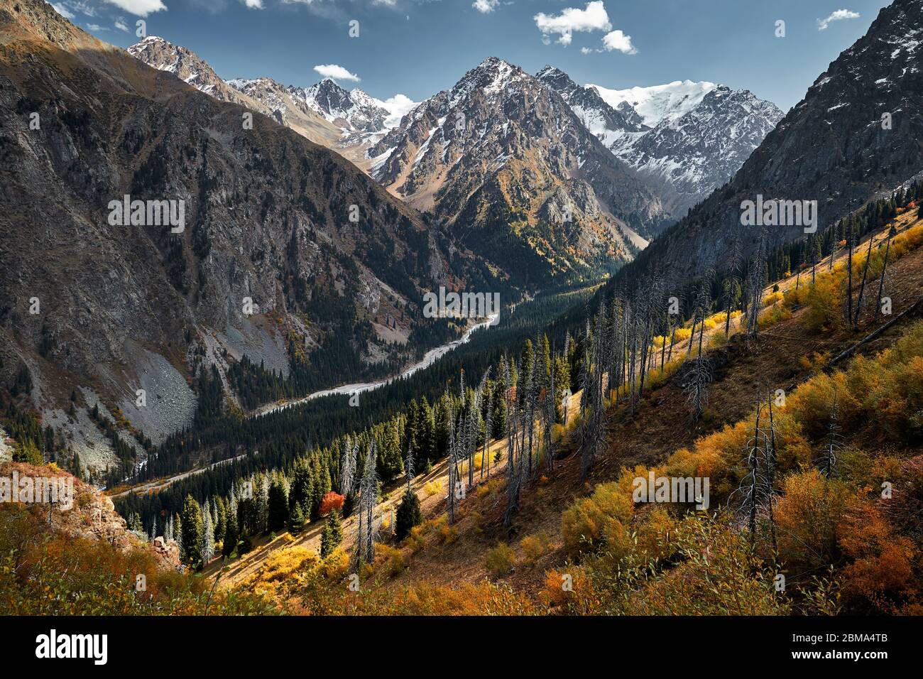 Hermoso paisaje del valle de montaña con río y Amarillo otoño bosque en Kazajstán, Almaty Foto de stock