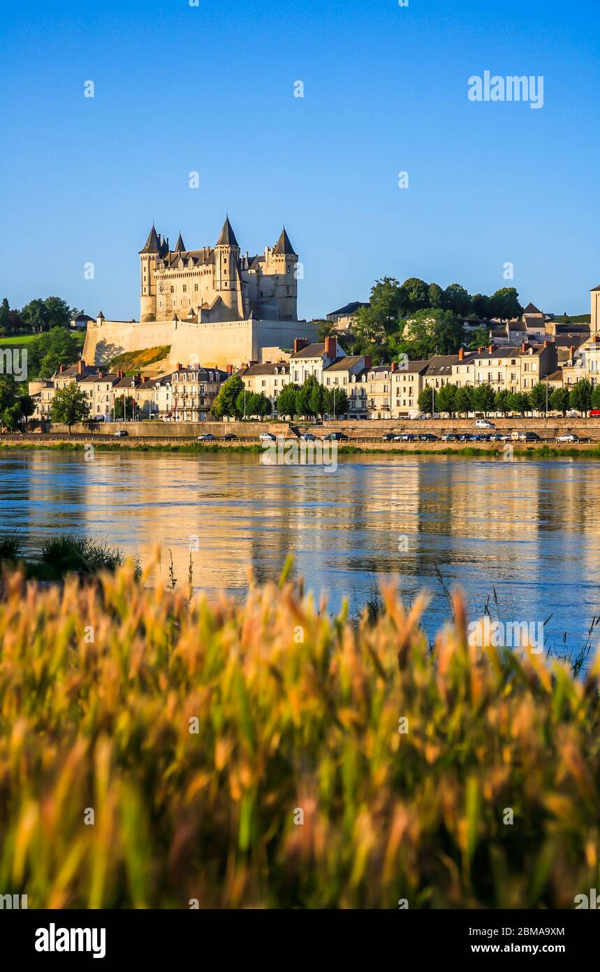 Vista del Castillo y el río Loira, Saumur, Main-et-Loire, Francia, Europa Foto de stock