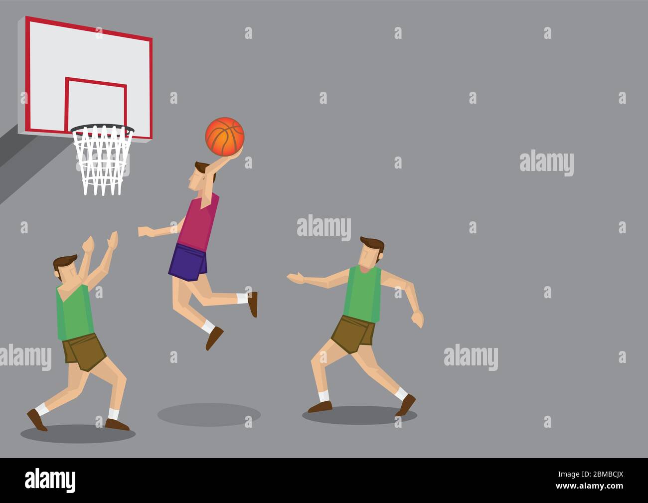 Tres jugadores de baloncesto con un salto de altura para un tiro de slam.  Ilustración de dibujos animados vectoriales aislada sobre fondo gris Imagen  Vector de stock - Alamy