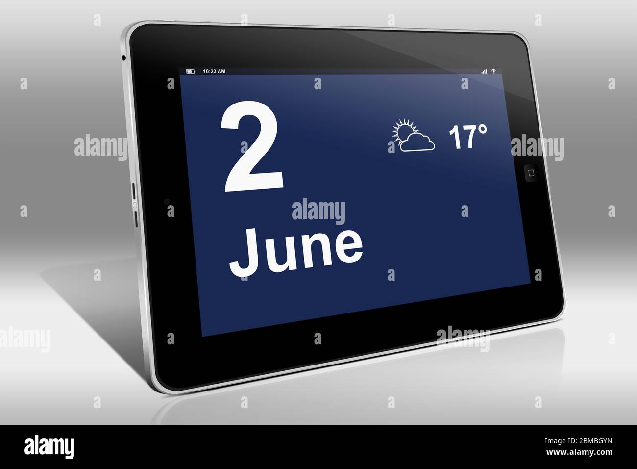 Un Tablet PC muestra un calendario en idioma inglés con la fecha 2 de junio | Ein Tablet-Computer zeigt en el Englischer Sprache den 2. Juni Foto de stock