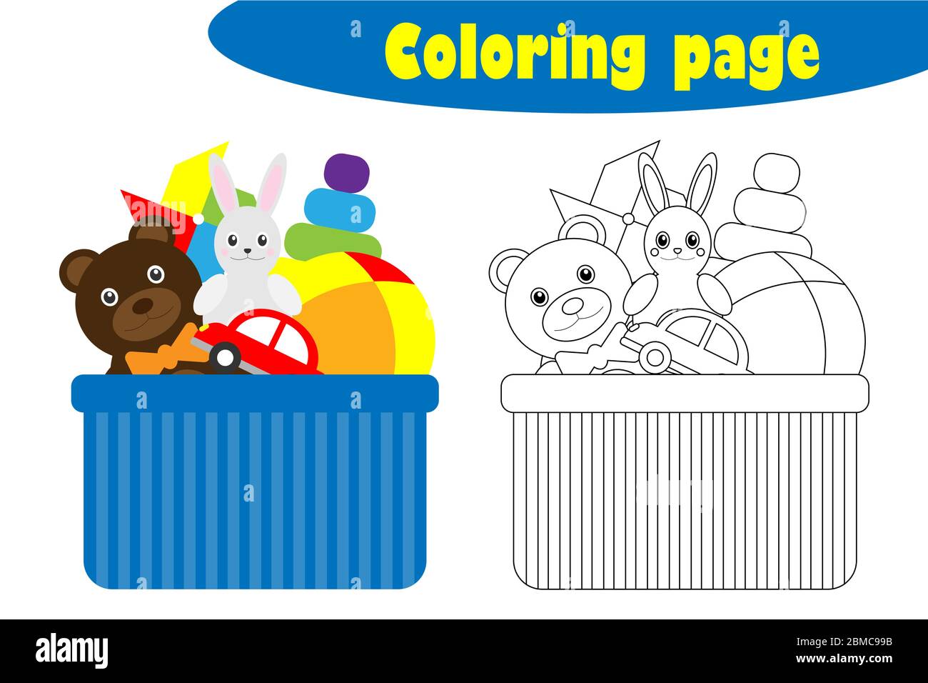 Caja con juguetes en estilo de dibujos animados, página para colorear,  juego de papel educativo para el desarrollo de niños, actividad preescolar  infantil, hoja de trabajo imprimible, vec Imagen Vector de stock -