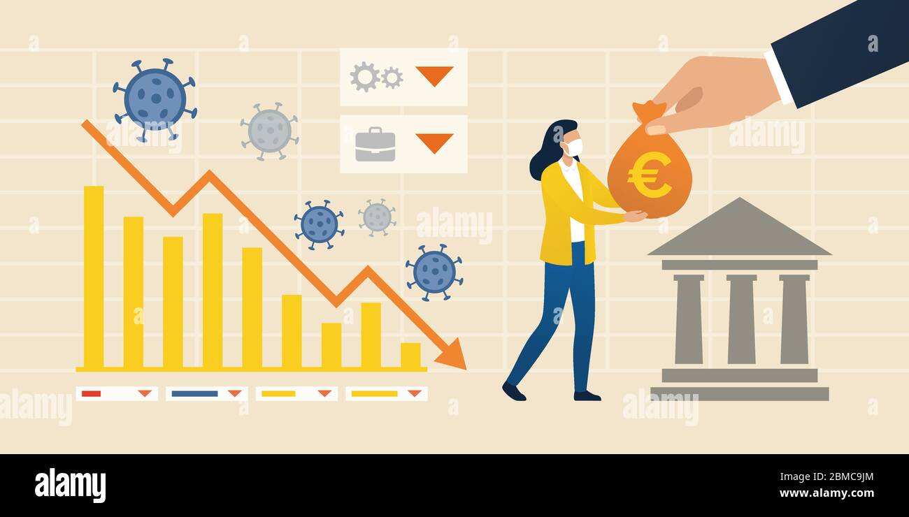 Impacto del coronavirus en la economía y la asistencia financiera: Gráfico que muestra la crisis financiera y la mujer que recibe un paquete de ayuda del gobierno y el centrr Ilustración del Vector