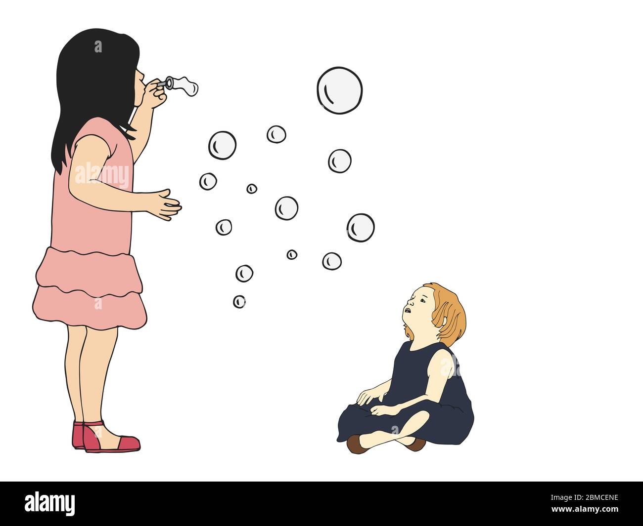 Ilustración de una niña y un bebé jugando con jabón de burbujas sobre fondo blanco Foto de stock