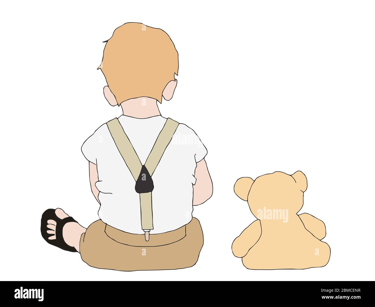 Ilustración de un niño pequeño y un juguete de oso de peluche que siting juntos sobre fondo blanco Foto de stock