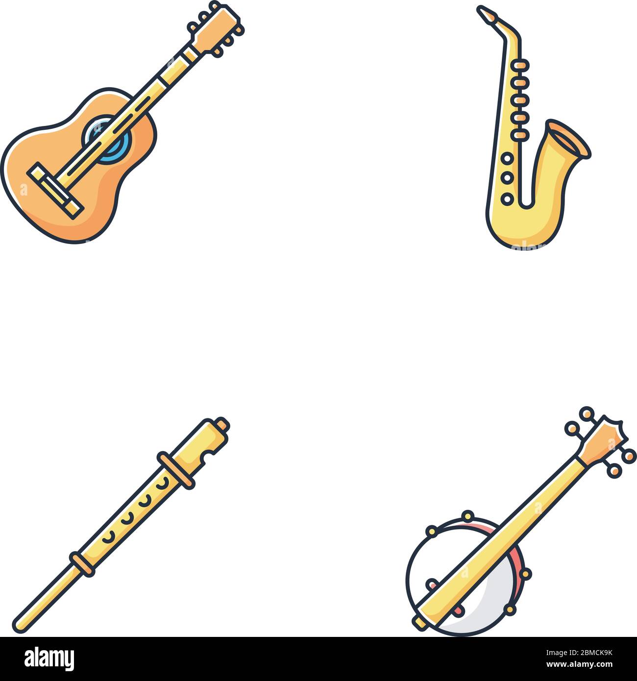 violinista préstamo judío Instrumentos musicales orquestales conjunto de iconos de color RGB.  Guitarra acústica. Banjo para la música country occidental. Afinación de  flauta. Sonido saxofón. Ritmos de jazz y azul Imagen Vector de stock -