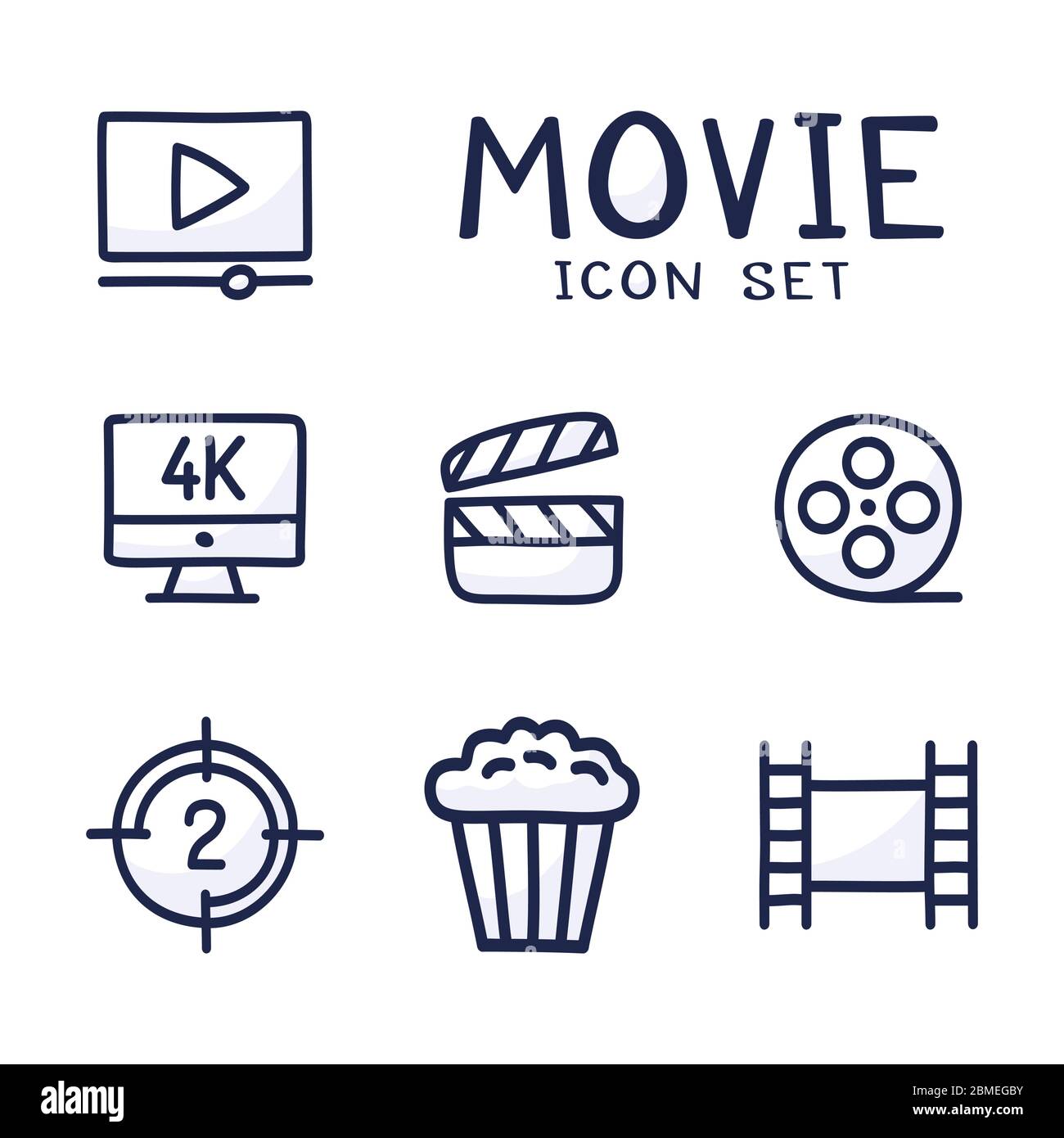Conjunto simple de cine relacionado con el contorno de dibujos animados  vectoriales iconos. Contiene iconos como película 4k, Popcorn, Video Clip y  mucho más. Dibujo a mano de la ilustración vectorial Imagen