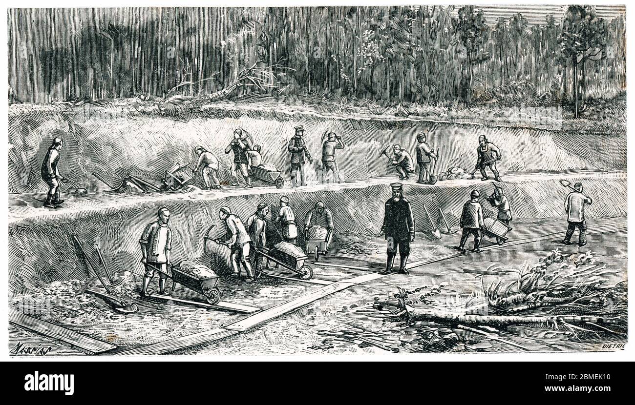 Obras de descanso por trabajadores chinos durante la construcción del ferrocarril transiberiano. Grabado en blanco y negro de Octubre de 1895. Foto de stock