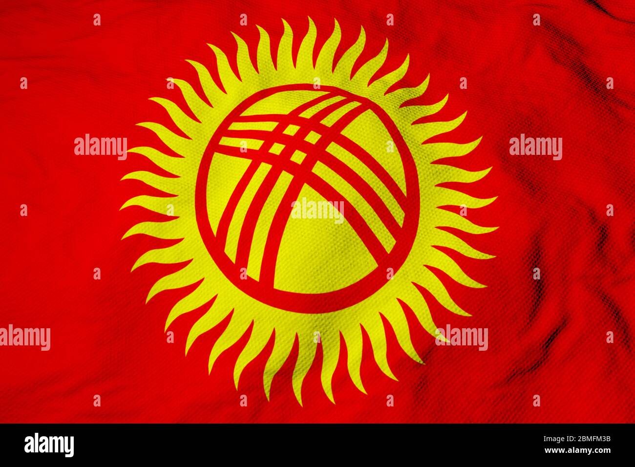 Primer plano de fotograma completo en una bandera kirguisa que ondea en la reproducción en 3D. Foto de stock