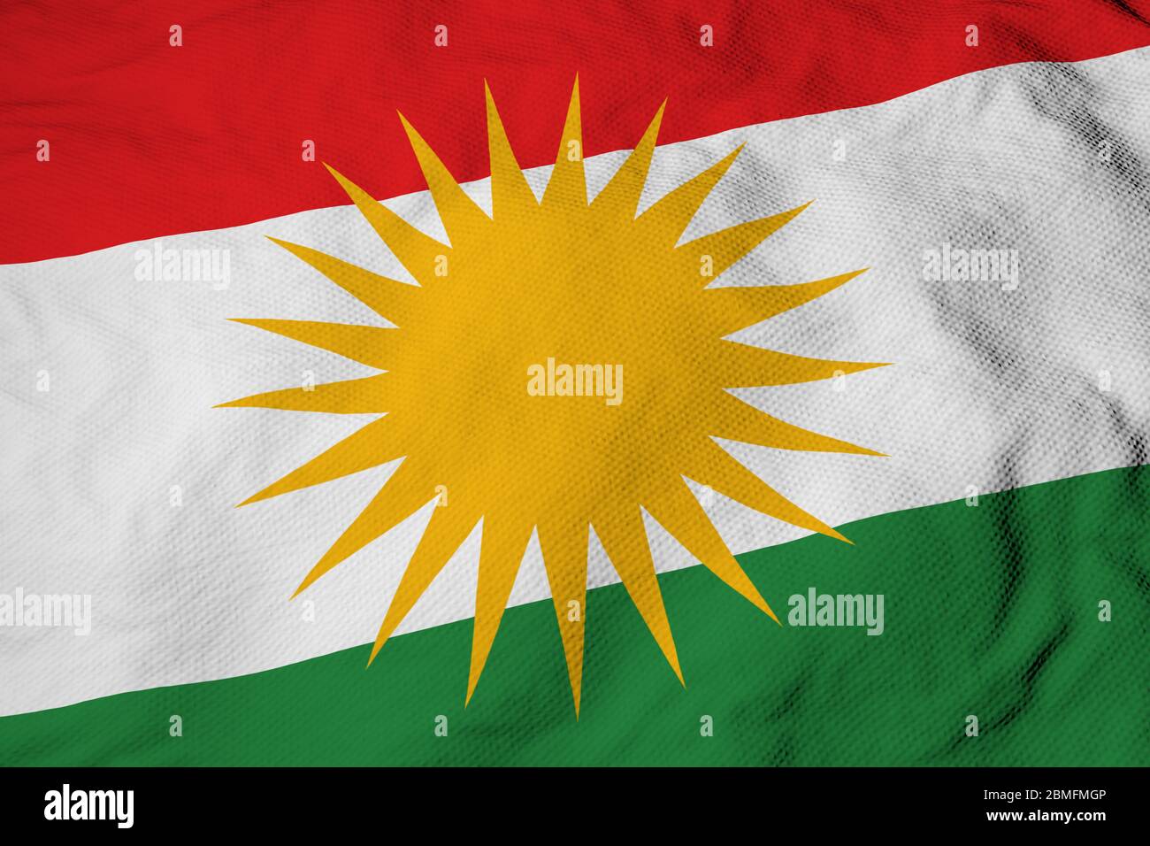 Primer plano de fotograma completo en una bandera kurda agitada en renderizado en 3D. Foto de stock