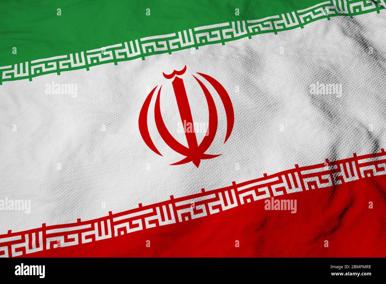 Primer plano de fotograma completo en una bandera iraní agitada en renderizado en 3D. Foto de stock