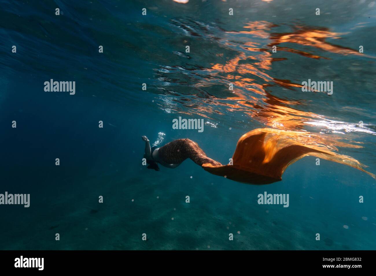 Mermaid nadando bajo el agua en el océano Foto de stock