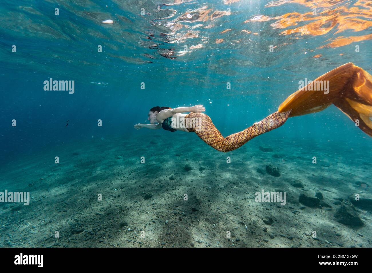 Mermaid nadando bajo el agua en el océano Foto de stock