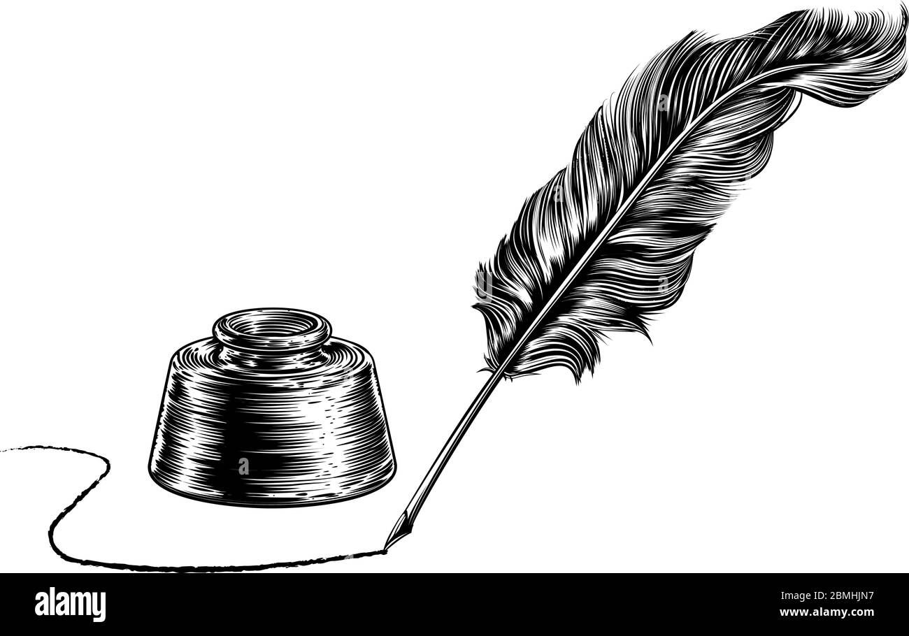 Escribir pluma de pluma de pluma de pluma e Inkwell Imagen Vector de stock  - Alamy