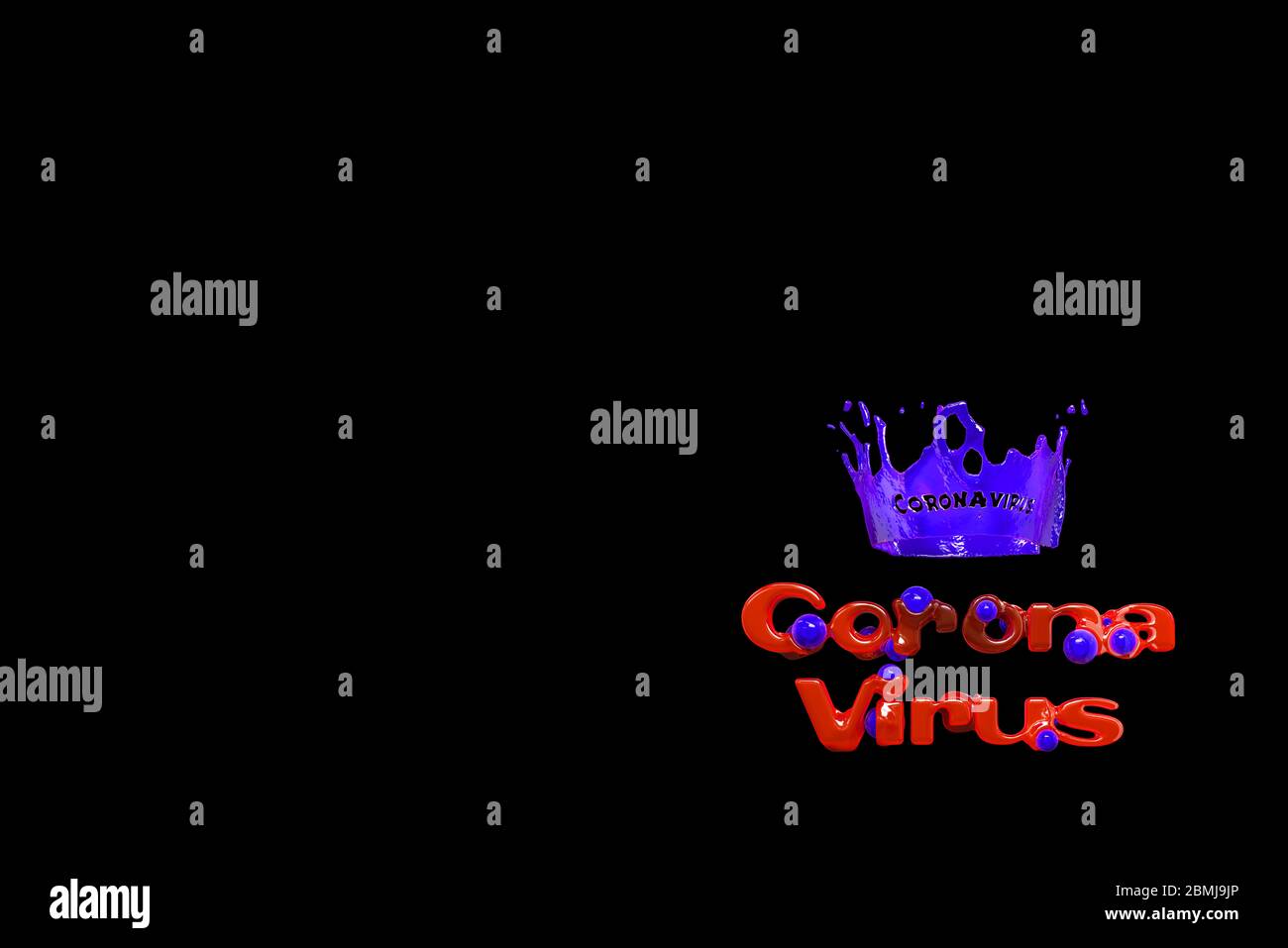 Inscripción de coronavirus COVID-19 con corona estilizada hecha con sangre violeta. Condición epidémica SARS-CoV-2. Ilustración 3d con CopySpace para el texto Foto de stock