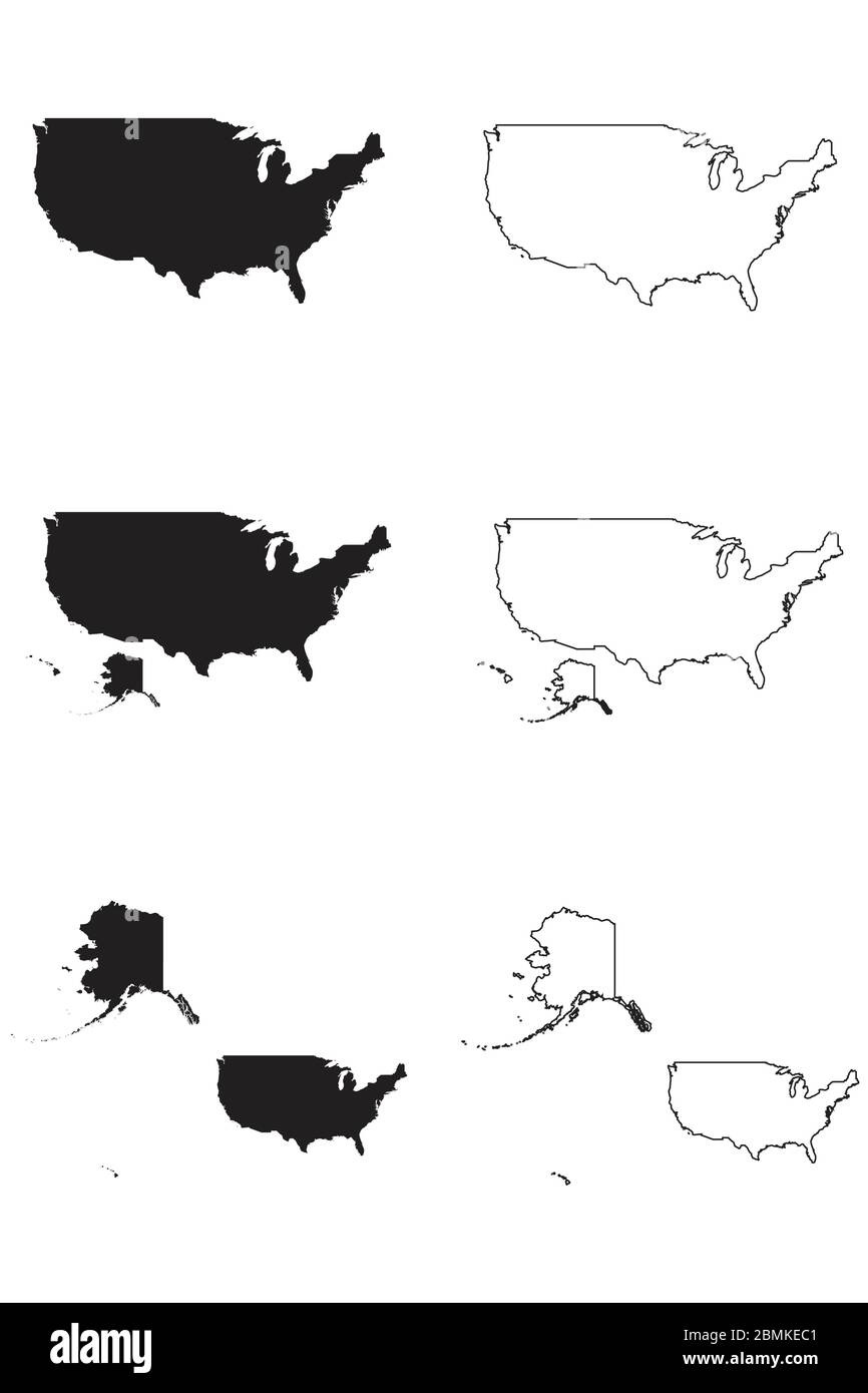 Estados Unidos de América Estados Unidos Mapa del país. Silueta y contorno negros aislados sobre fondo blanco. Vector EPS Ilustración del Vector