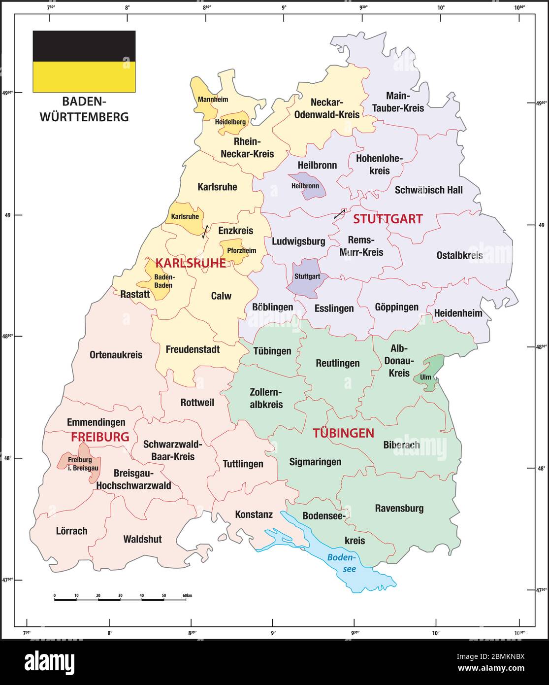 Baden Wuerttemberg estado bosquejo administrativo y político mapa con bandera Ilustración del Vector