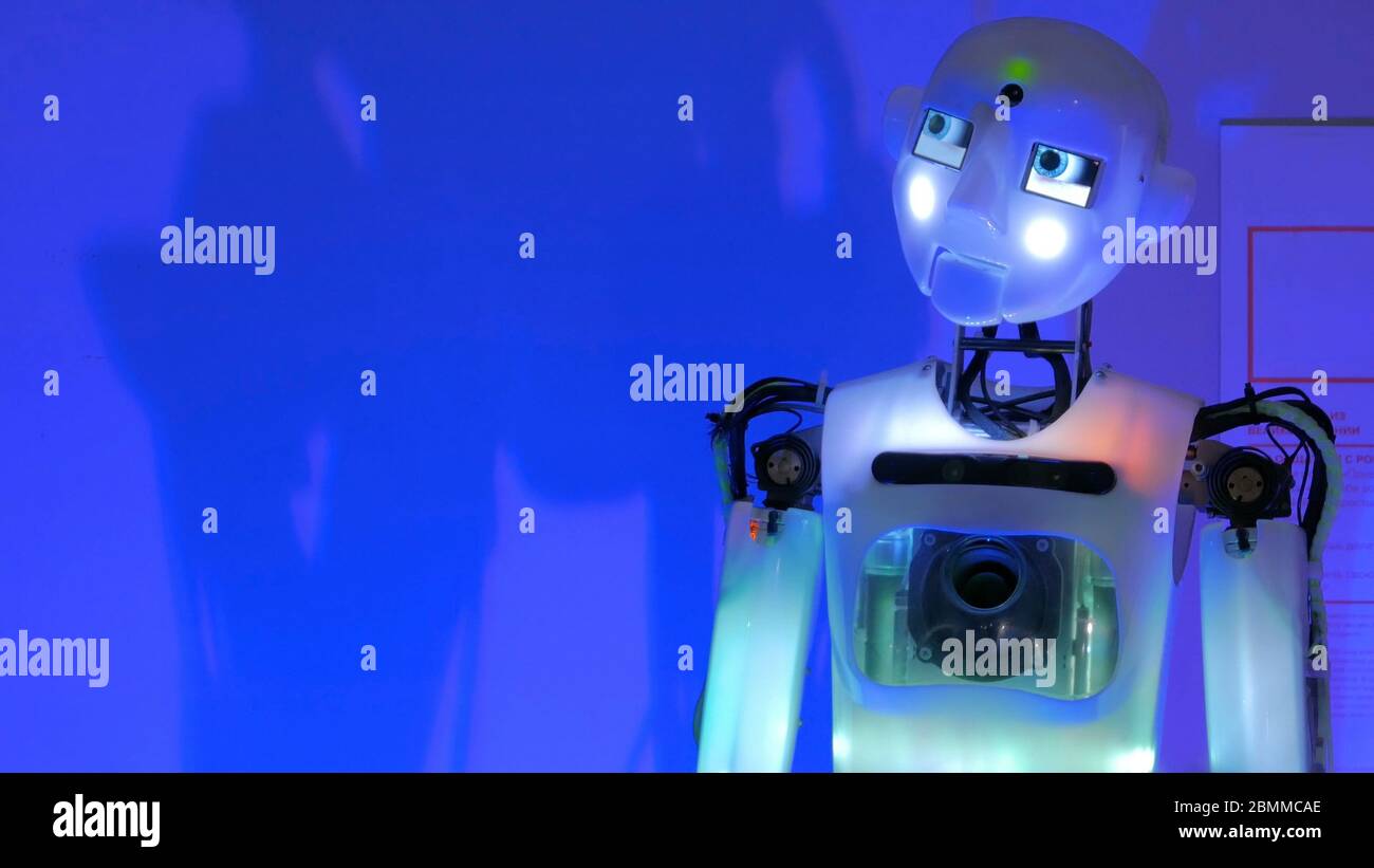 Retrato de un robot humanoide divertido en la exposición de tecnología.  Concepto robótico y futuro Fotografía de stock - Alamy