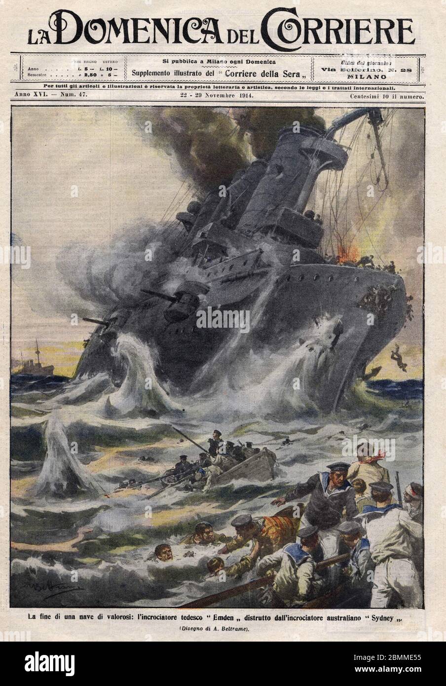 1ère guerre mondiale: Le croiseur allemand Emden a ét détruit par le croiseur australien Sydney. Illes. De Beltrame. La Domenica del Corriere. 11/1914. Foto de stock