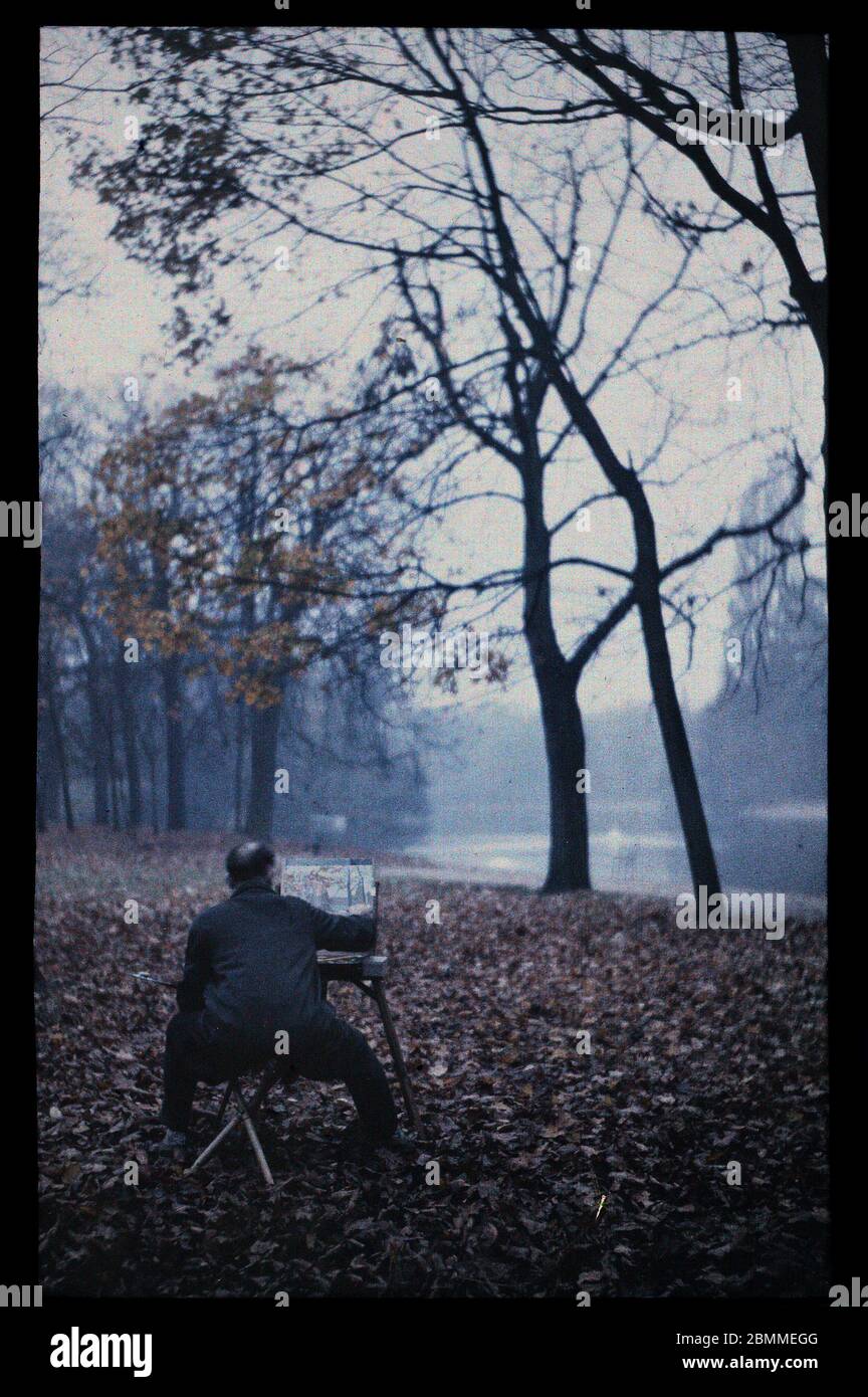 Peintre amateur peignant un paysage d'automne, foret de Chantilly, Oise - (artista aficionado pintando un paisaje de otoño en el bosque de Chantilly, cerca de París) Foto de stock