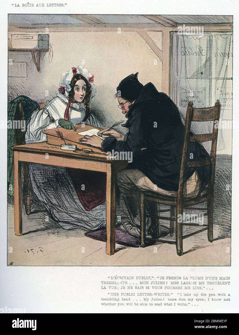 L Ecrivain Public El Escritor De Cartas Publicas Caricature Representant Une Jeune Femme Analphabete Faisant Appel Aux Services D Un Ecrivain Public Pou Fotografia De Stock Alamy