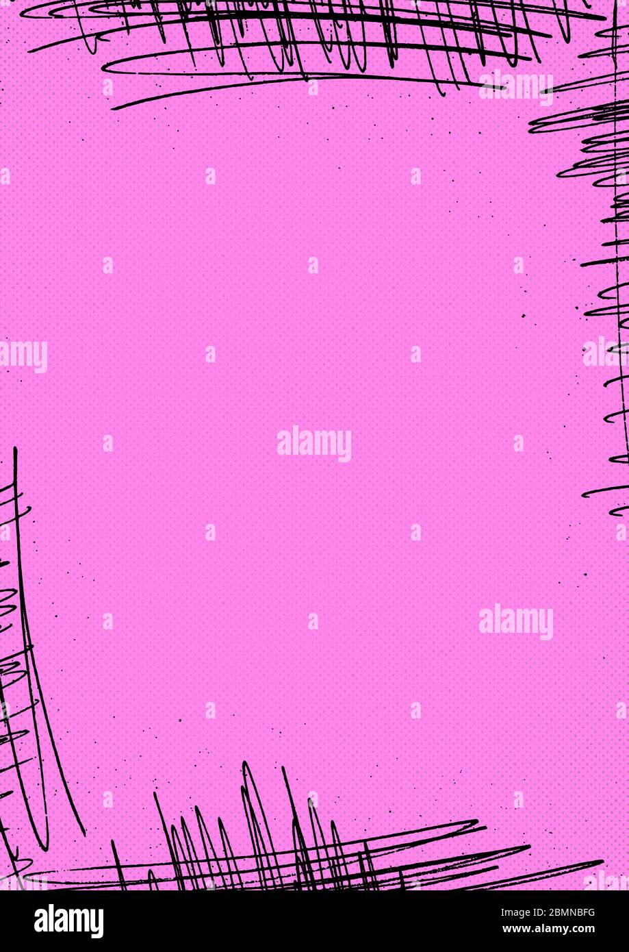 Un fondo de diseño retro con un retrato rosa vibrante con trazos de garabatear en las esquinas y un patrón de puntos de semitonos de color Foto de stock