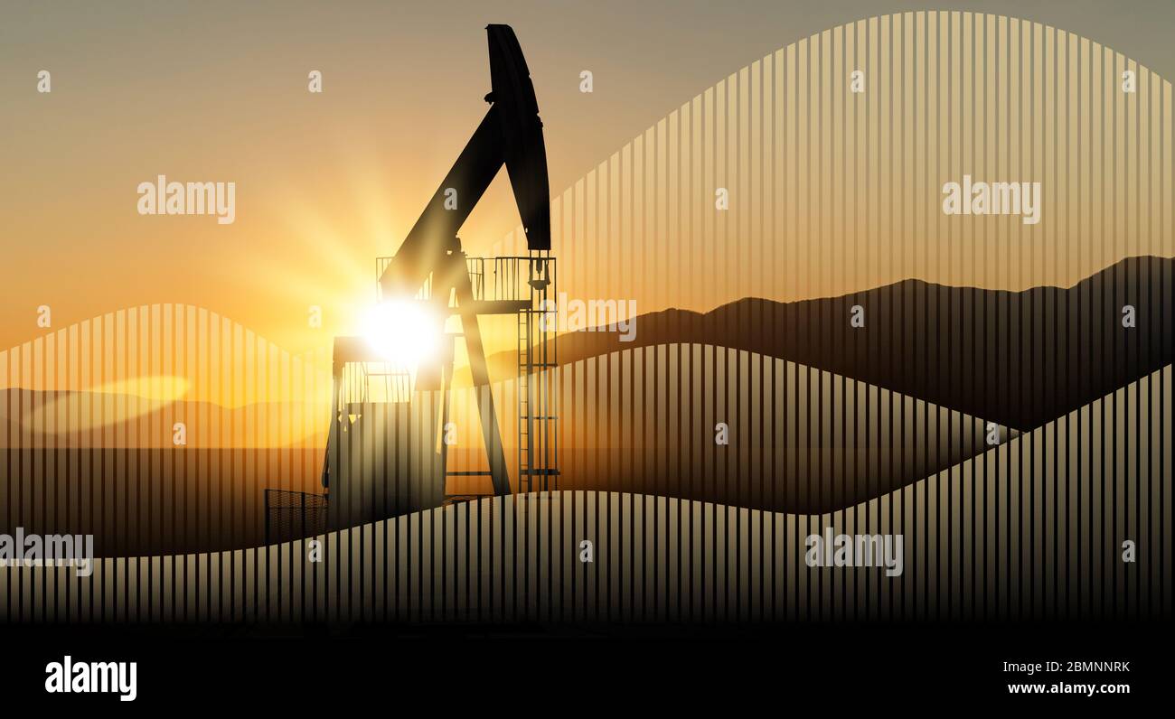 Plataforma petrolífera al atardecer sobre un fondo de montañas con símbolo de la dinámica de precios de mercado Foto de stock