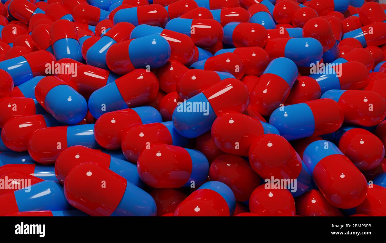 gran número de cápsulas médicas de dos colores Foto de stock