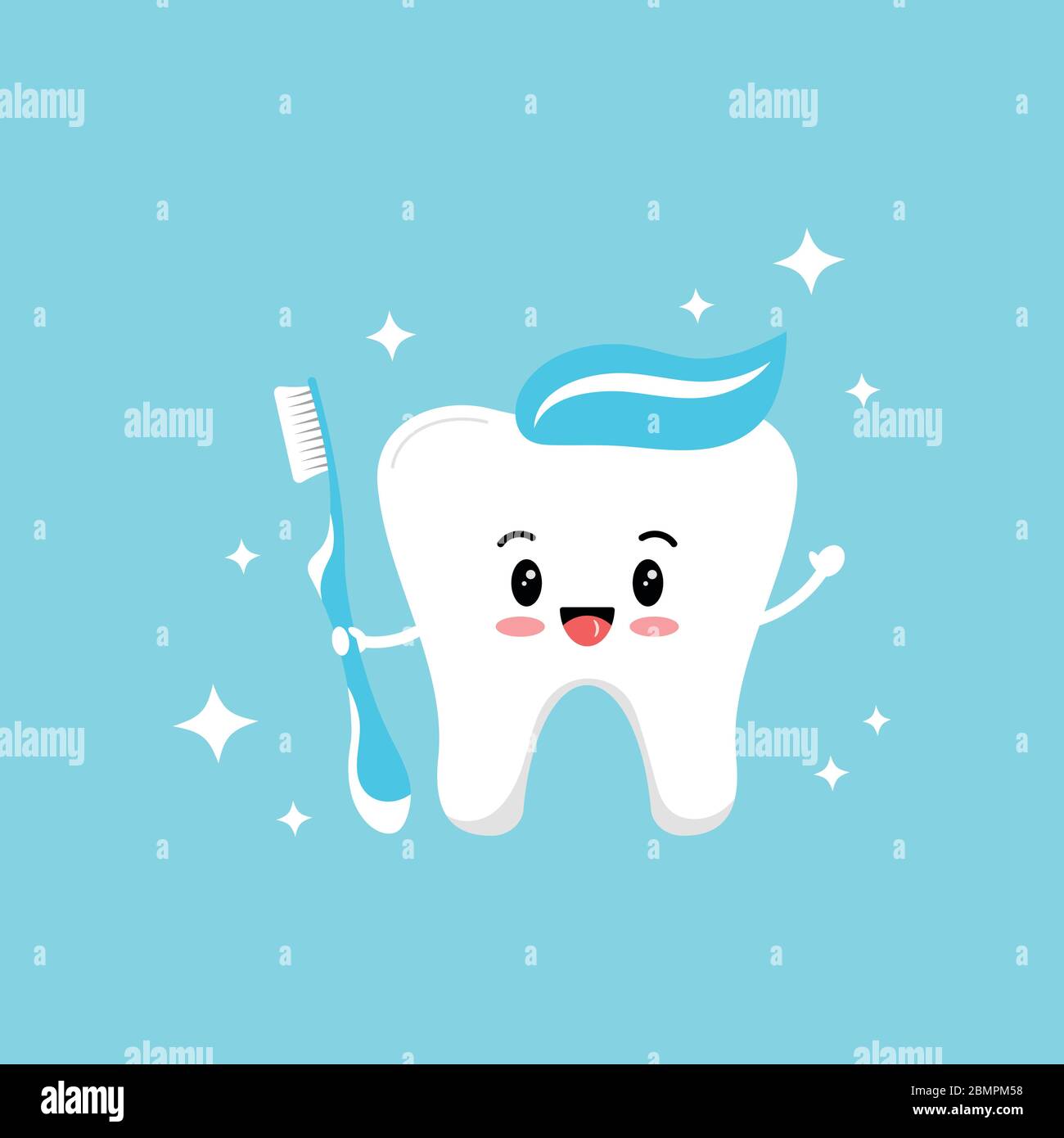 Lindo emoji de dientes con pasta de dientes azul en la cabeza y