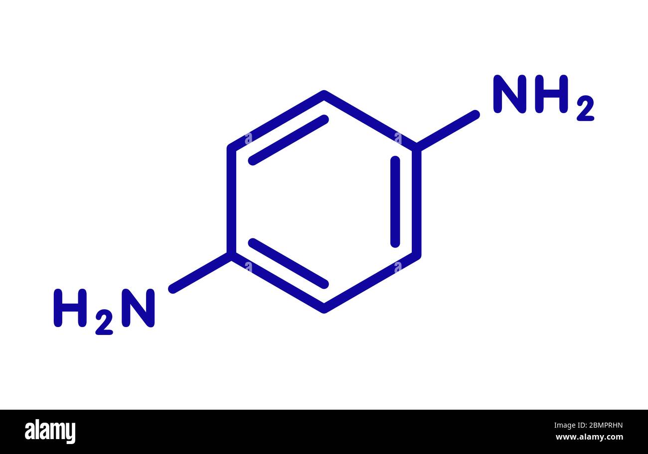 Molécula de tinte para el cabello p-fenilendiamina (PPD). También precursor  en síntesis polimérica. Alergeno de contacto conocido, posiblemente  carcinogénico. Fórmula esquelética Fotografía de stock - Alamy