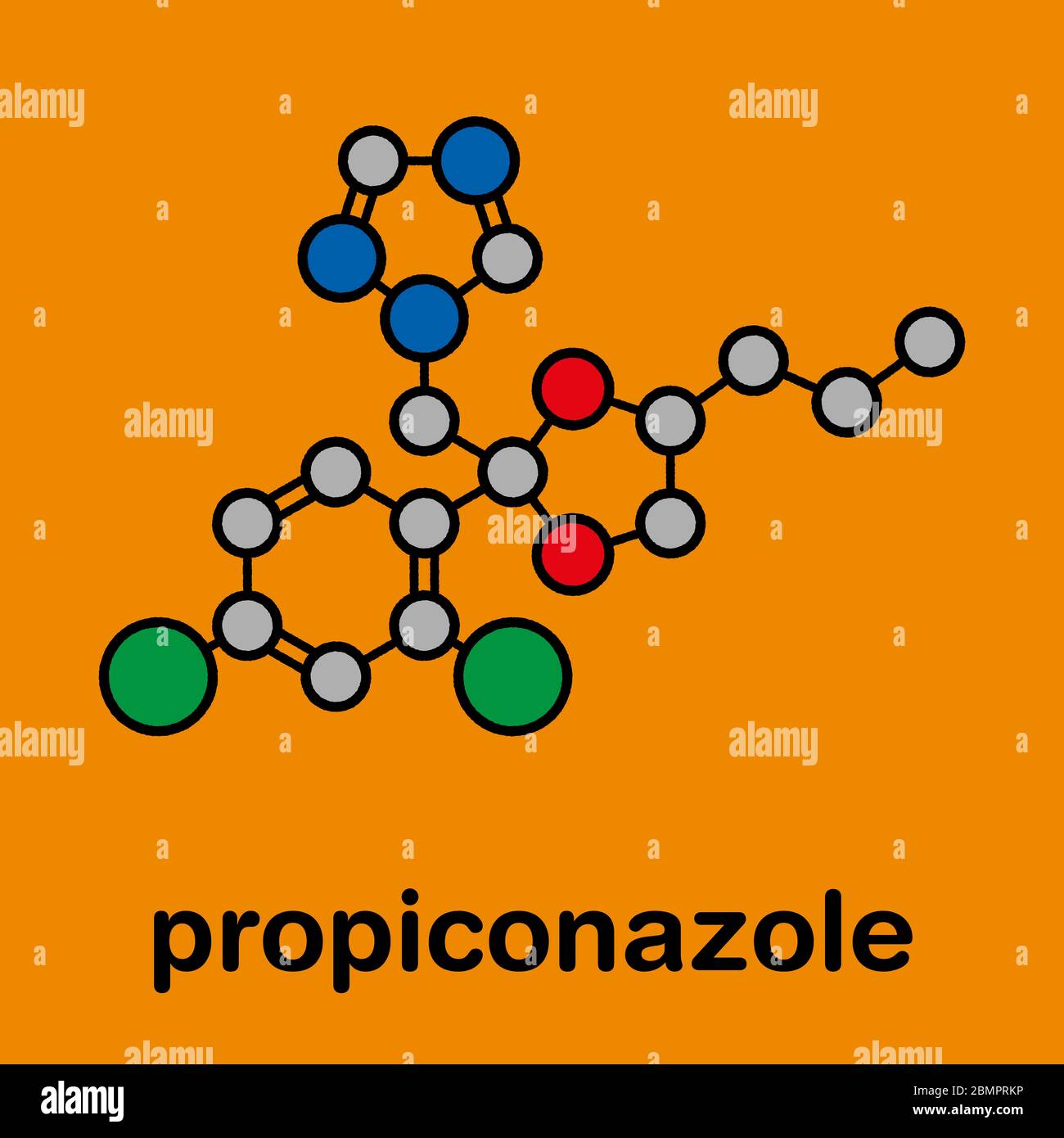 Molécula de fungicida de propiconazol, utilizada en la agricultura para la  protección de cultivos. Fórmula esquelética estilizada (estructura  química). Los átomos se muestran como círculos codificados por colores:  Hidrógeno (oculto), carbono (gris),