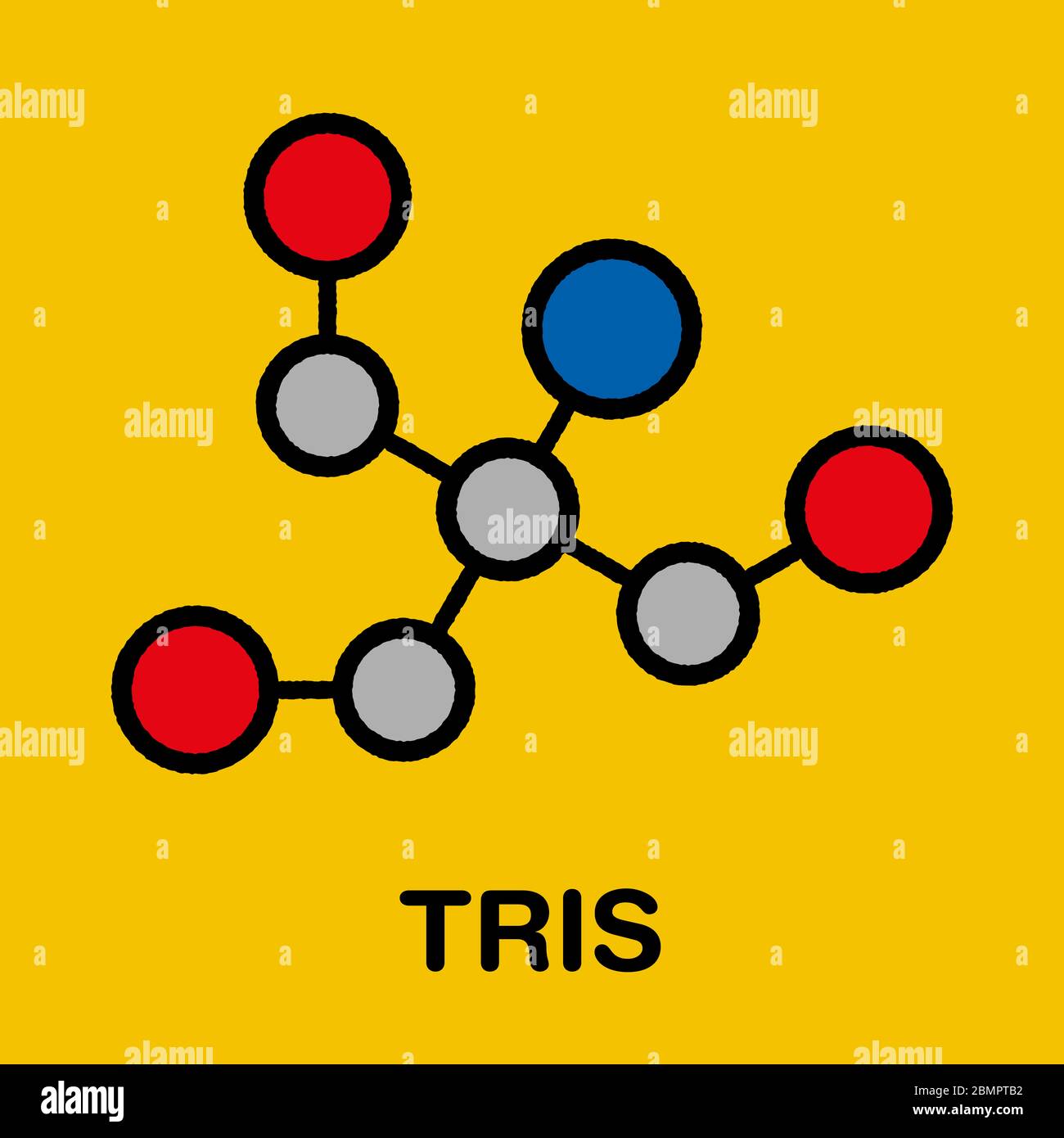 Molécula de agente tampón Tris. También se conoce como trometamina. Fórmula  esquelética estilizada (estructura química): Los átomos se muestran como  círculos codificados por colores: Hidrógeno (oculto), carbono (gris),  oxígeno (rojo), nitrógeno (azul