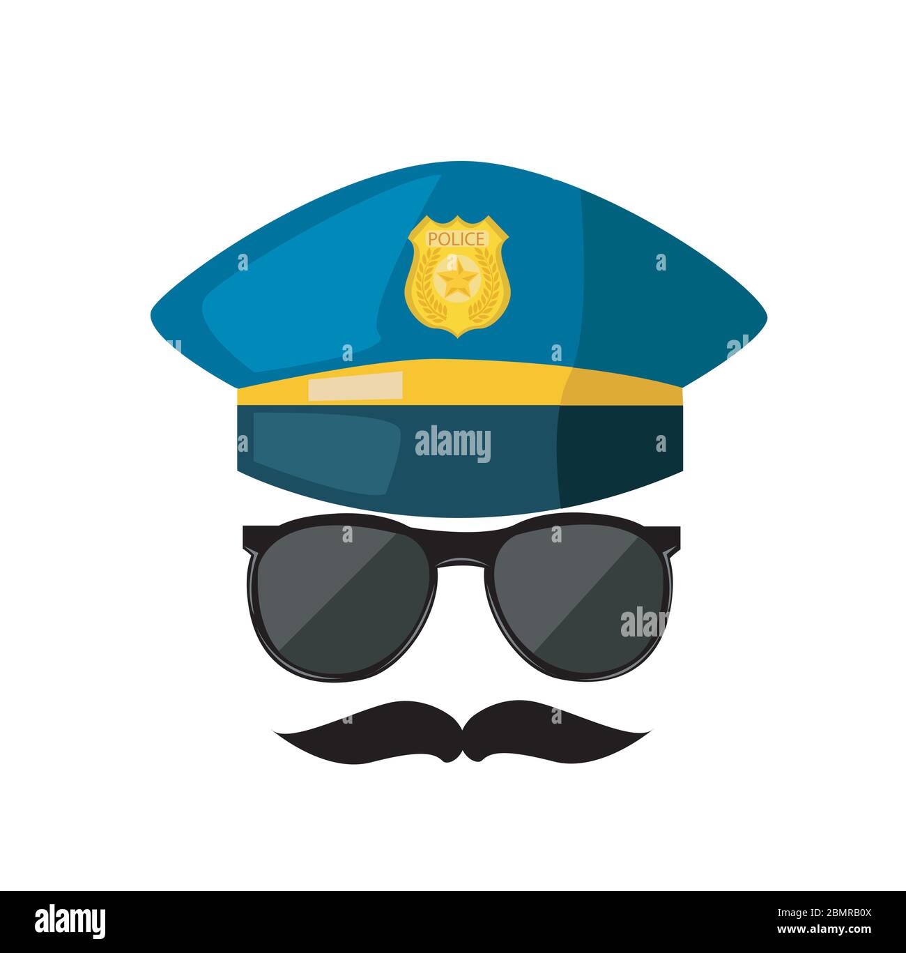 Sombrero de policía de dibujos animados, gafas solares y vector de insignia  de oro Imagen Vector de stock - Alamy