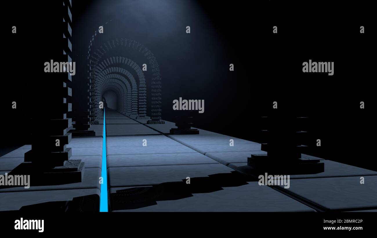 Vista frontal de un largo túnel oscuro sin personas formadas por arcos de ladrillos en un ambiente foggy iluminado con una luz azul y dos agujas claras Foto de stock