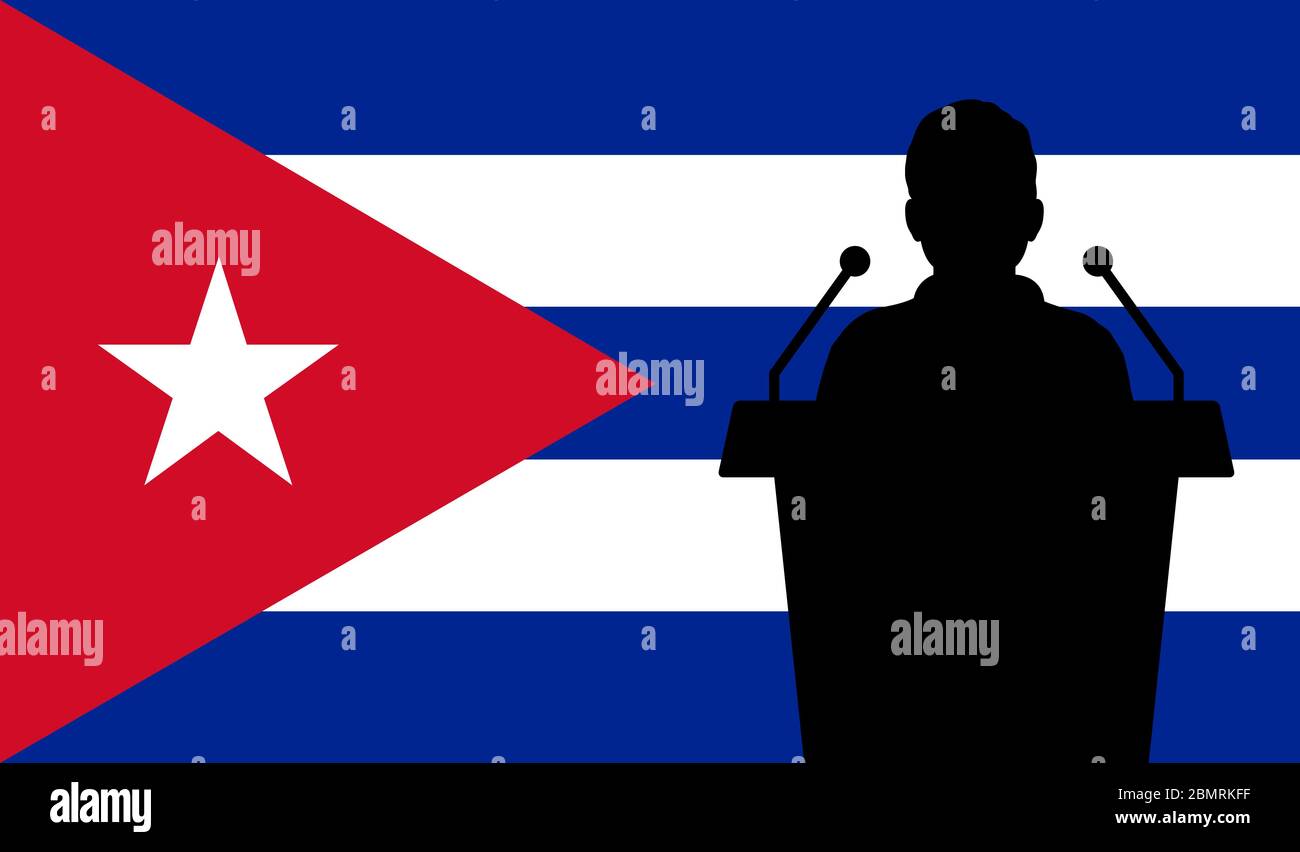 Orador hablando desde Tribune Cuba Bandera de fondo. Discurso público en Cuba. Concepto de la conferencia de presentación de Businessman. Ilustración del Vector