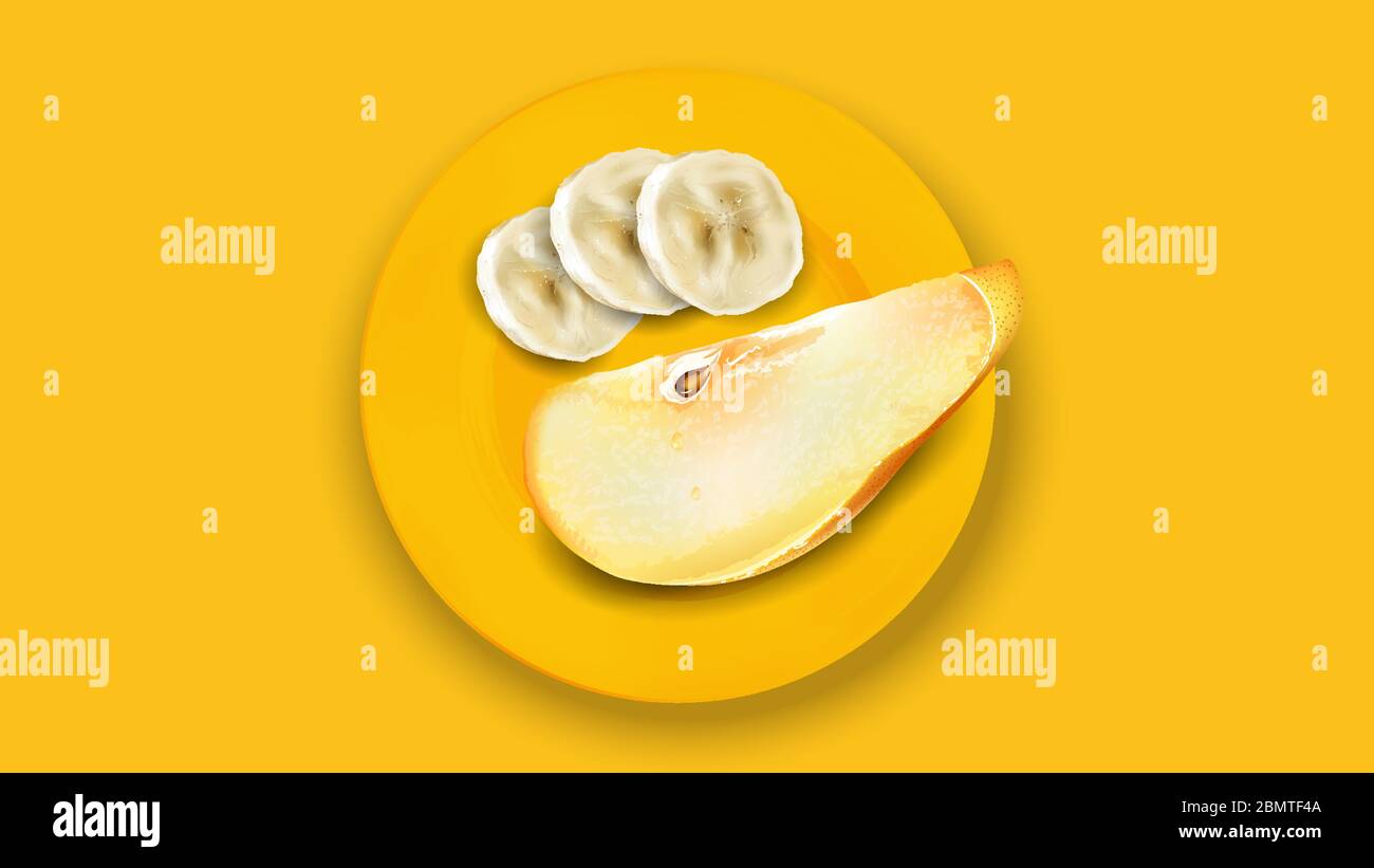 Plátano y pera en rodajas sobre un plato amarillo. Ilustración del Vector