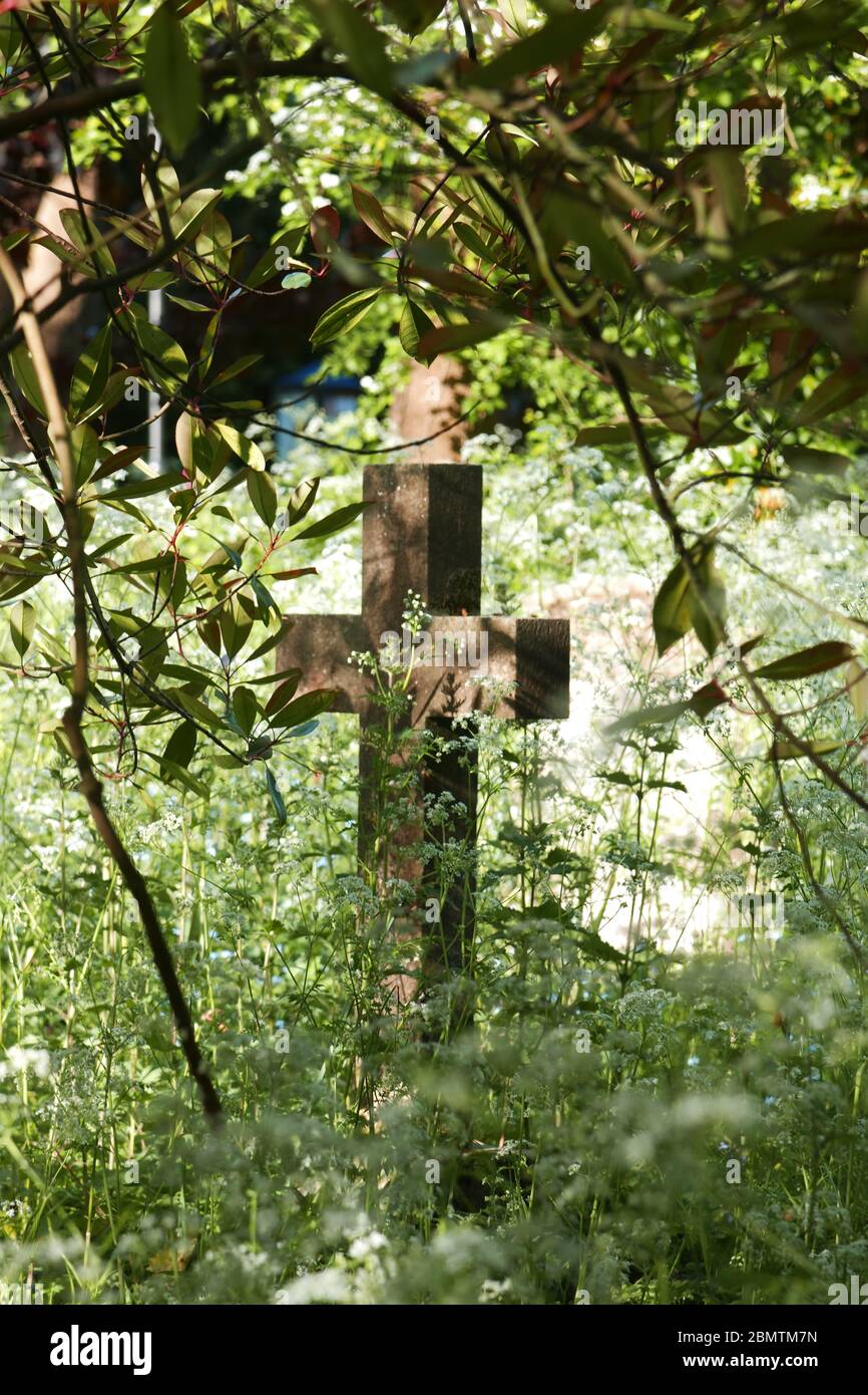 Antigua cruz de piedra o crucifijo en un cementerio con flores silvestres. Espacio de copia, vertical. Foto de stock