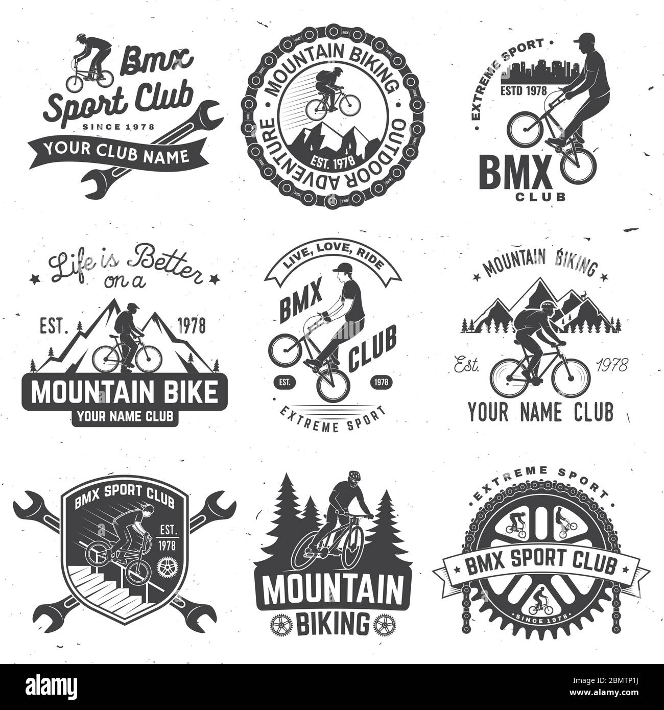 Juego de bmx y mtb insignia de club de deportes extremos. Vector. Concepto  para camisa, logotipo, estampado, sello, camiseta con paseo en bicicleta  deportiva. Diseño tipográfico clásico con perfil de ciclista, piñón