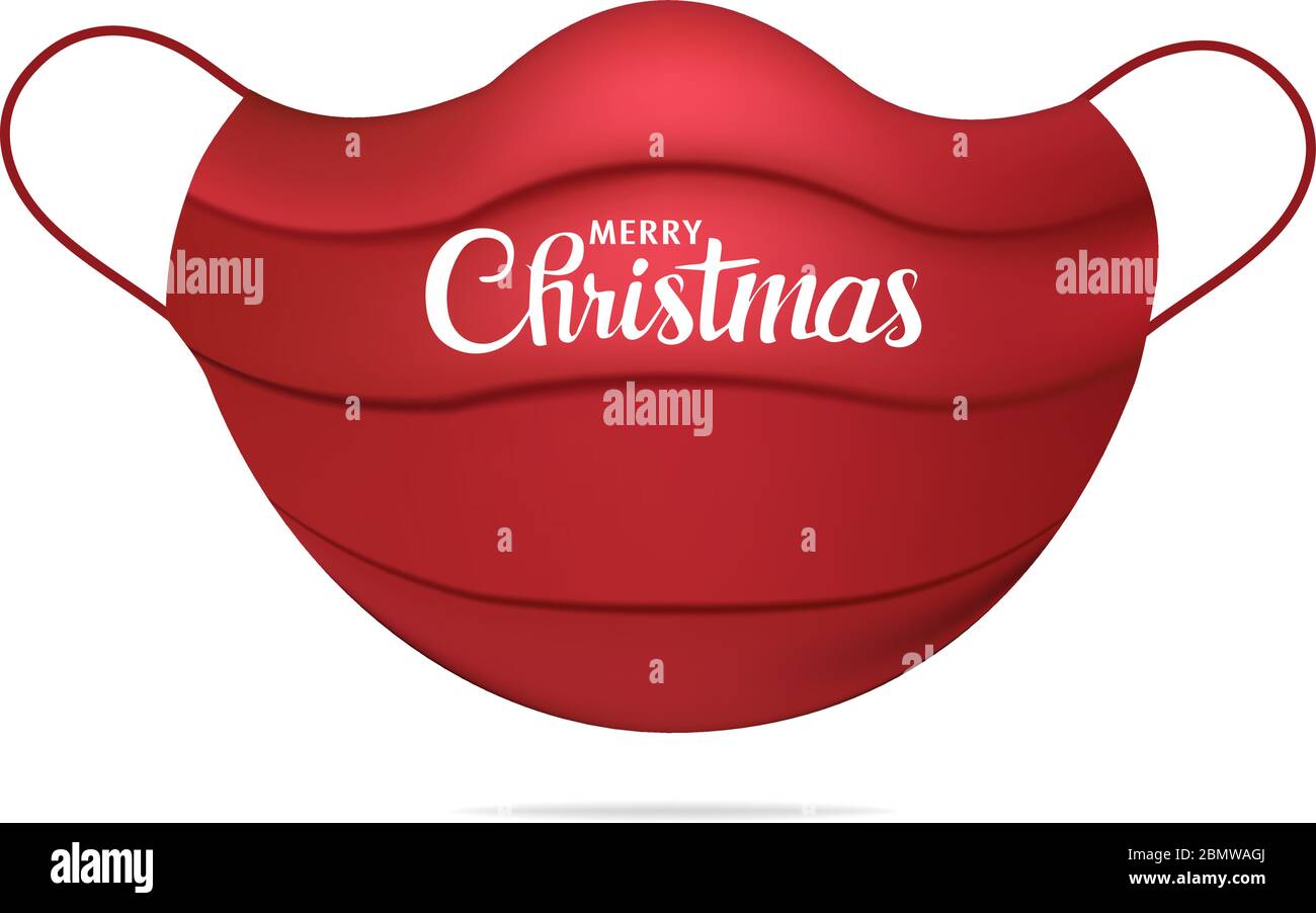 Máscara médica roja realista aislada con texto Feliz Navidad. Navidad saludos tendencia. Brote Coronavirus. Concepto de atención sanitaria. ilustración 3d Ilustración del Vector