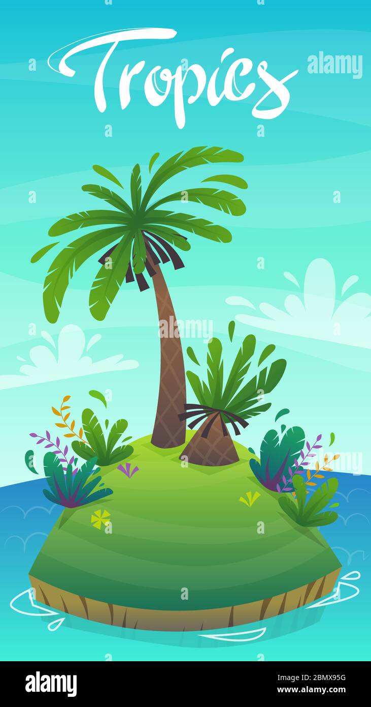Costa de la isla tropical con playa de arena y palmeras. Panorama paisaje  vectorial con letras de dibujos animados de fondo Imagen Vector de stock -  Alamy