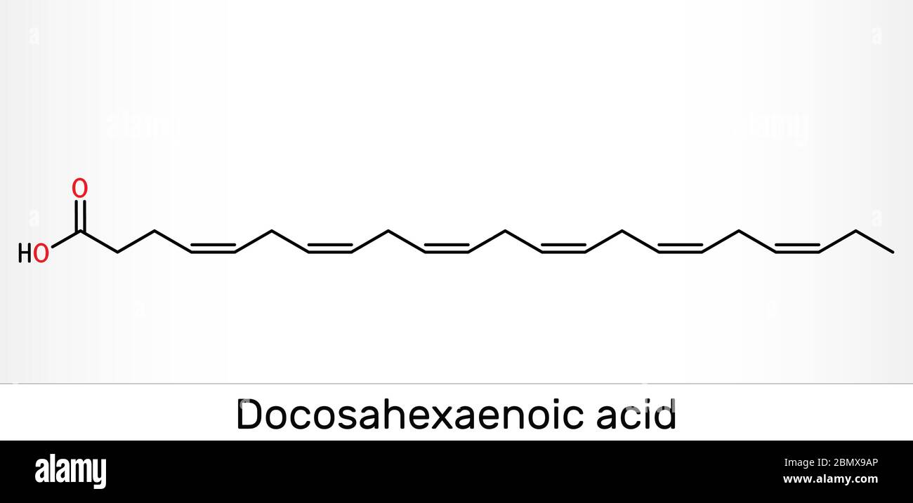 Ácido docosahexaenoico, DHA, molécula de ácido doconexente, cervónico. Es  ácido graso omega-3. Fórmula química esquelética. Ilustración vectorial  Imagen Vector de stock - Alamy