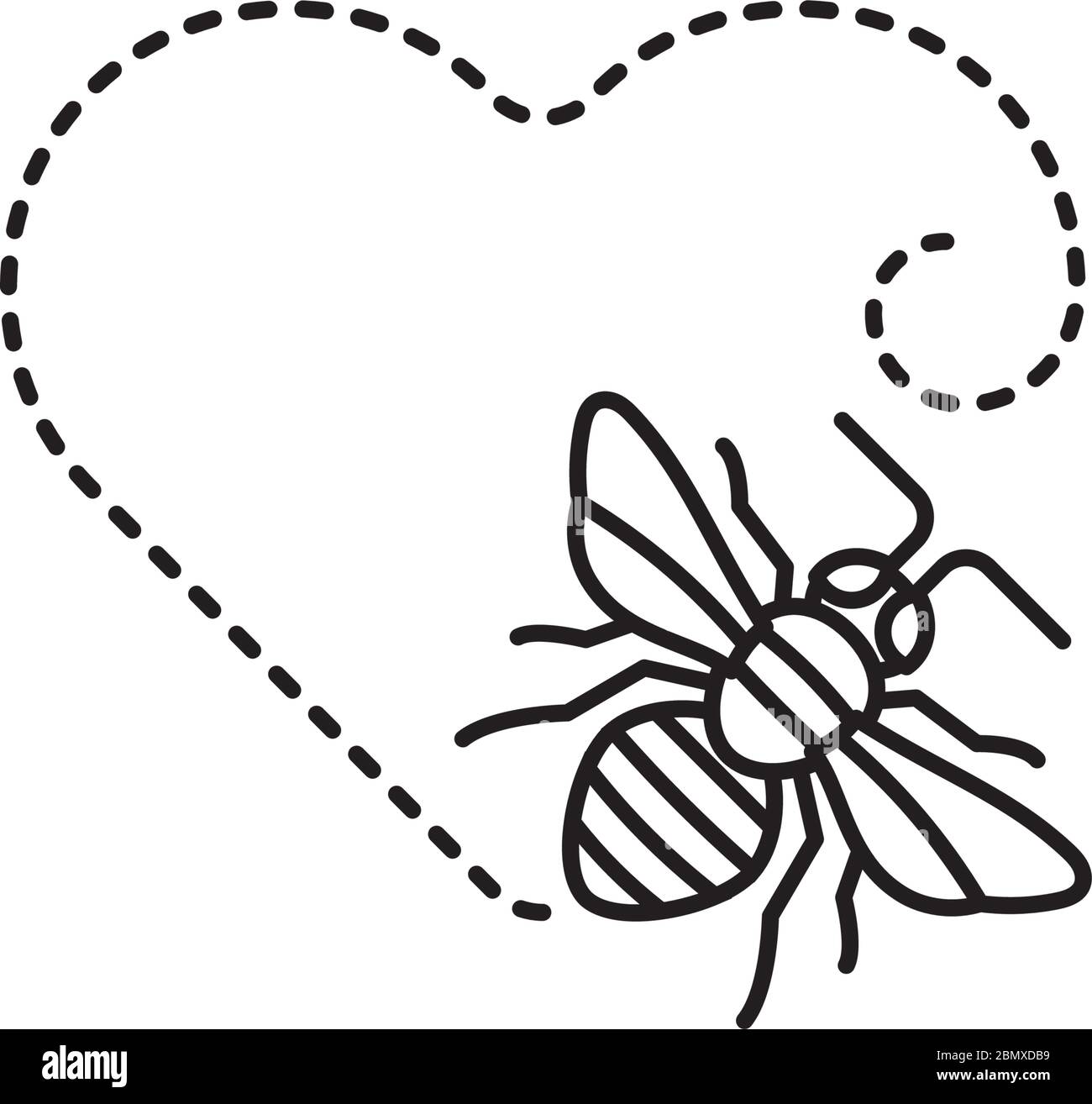 Abeja miel moviéndose en forma de corazón ruta vector icono de línea. Símbolo de contorno de apreciación de insectos. Ilustración del Vector