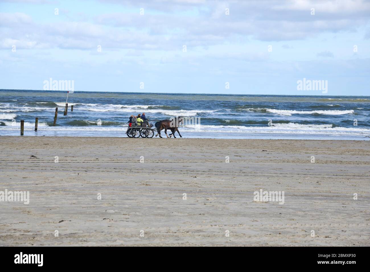 Pferdekutschfahrt am Strand von Norderney in der Nebensaison Foto de stock