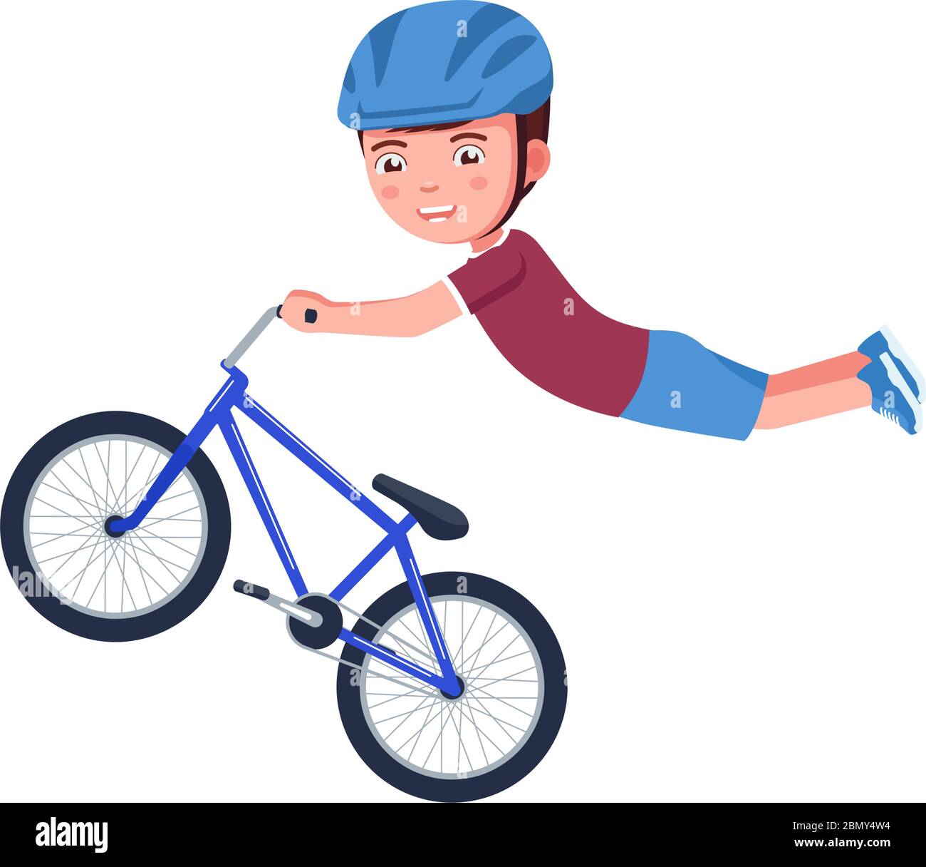 Boy realiza un acrobacias en el aire en una bicicleta bmx. Vector  ilustración caricatura personaje niño en una bicicleta hace un salto y  vuela. El muchacho en una bicicleta bmx hace un