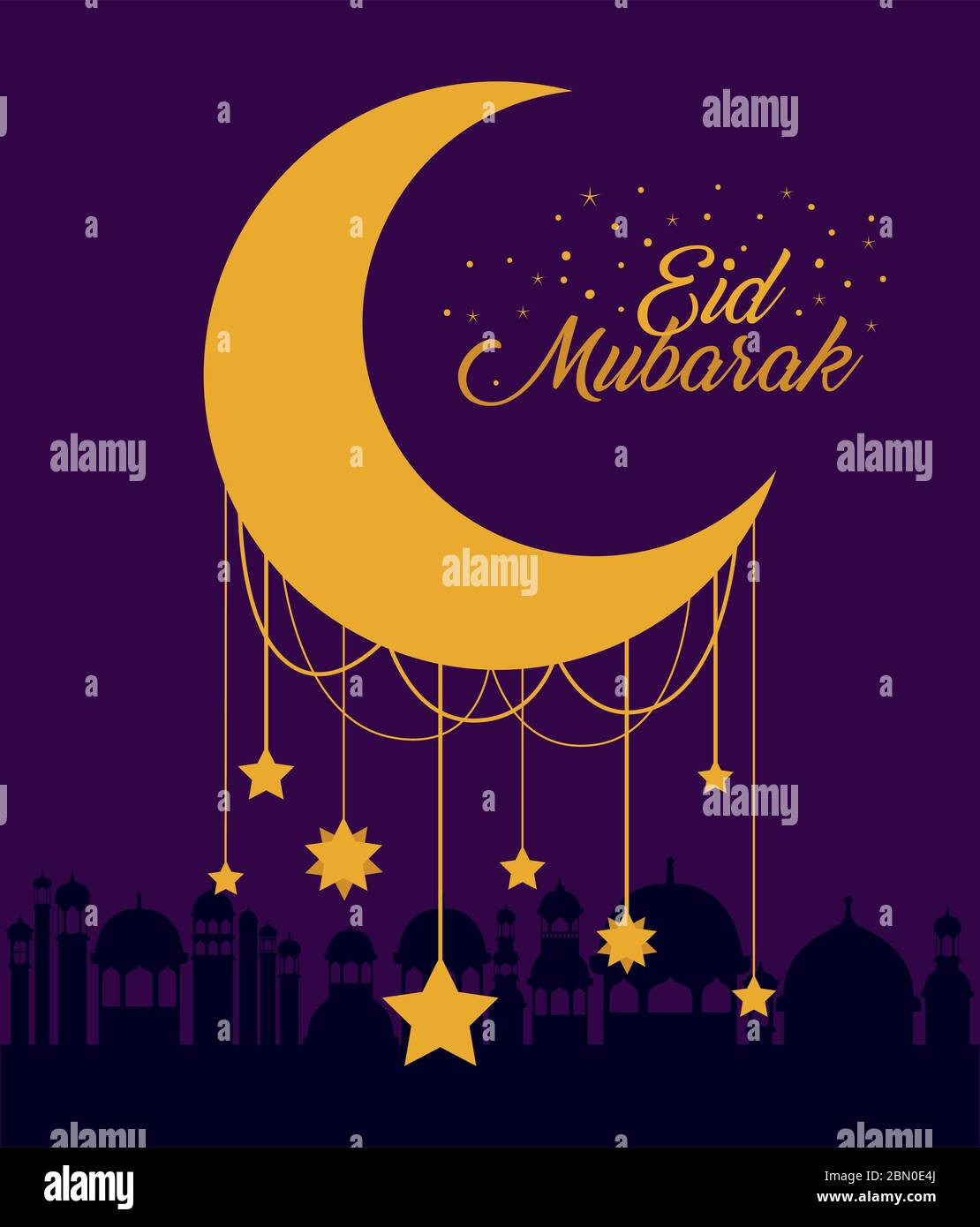 Eid mubarak luna con estrellas y edificios urbanos de diseño vectorial Ilustración del Vector