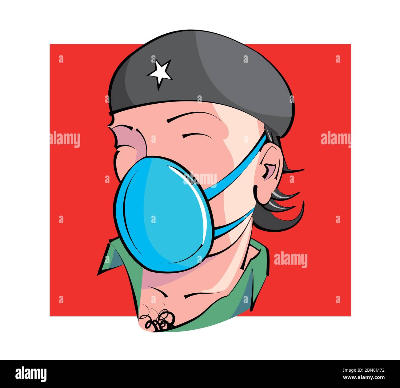 Dibujo cómico divertido que muestra la cara de la guerrilla llamada Che Guevara con máscara sobre fondo rojo Ilustración del Vector