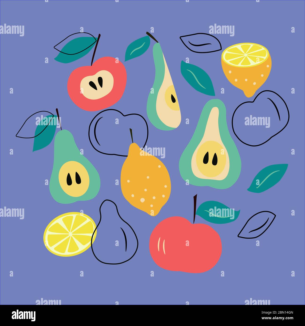 Conjunto de frutas manzanas, peras, limones, mitades, folletos sobre fondo  azul en gráficos vectoriales. Para imprimir sobre almohadas, platos, papel  para envolver, cubiertas Imagen Vector de stock - Alamy