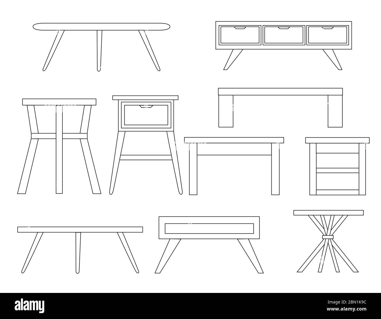 Conjunto de mesa contorno colección muebles de madera plano vector  ilustración aislado sobre fondo blanco Imagen Vector de stock - Alamy