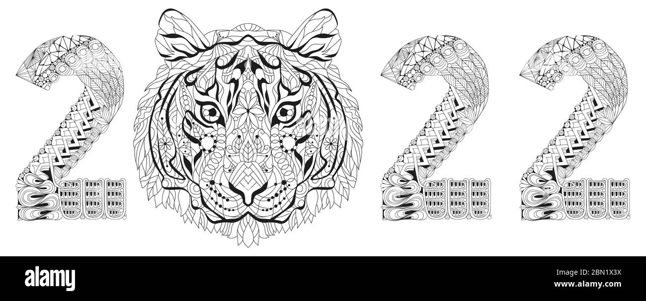 Tigre de zentangle dibujado a mano número 2022 para colorear, para camiseta  y otras decoraciones Imagen Vector de stock - Alamy