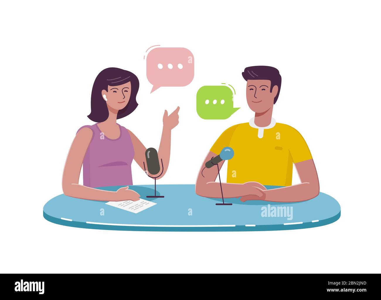 Difusión, podcast. Gente hablando sentada en la mesa. Entrevista en vivo  plano dibujo vectorial de dibujos animados Imagen Vector de stock - Alamy